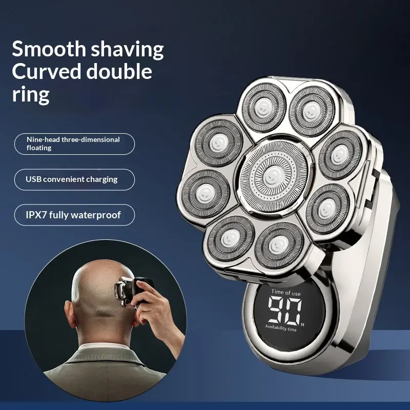 Barbeador elétrico recarregável com cabeça flutuante de 9 lâminas, barbeador multifuncional 6 em 1 para cabeça calva e barba