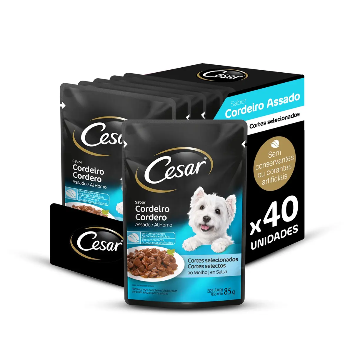 Pack Ração Úmida Cesar Sachê Cortes Selecionados Cordeiro Assado ao Molho Para Cães Adultos 85 g - 40 unidades
