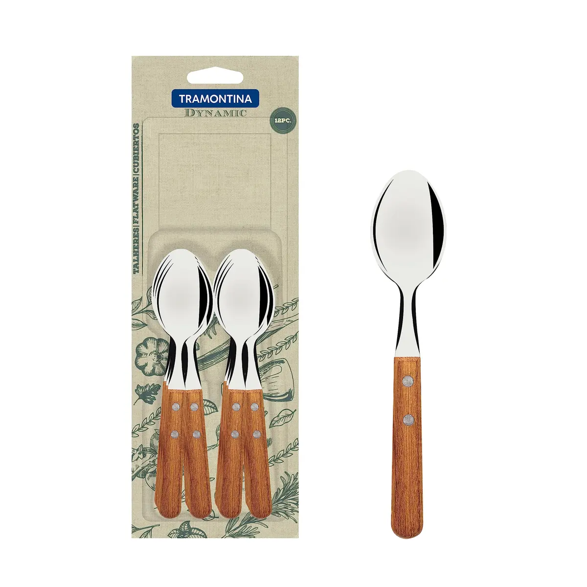 Conjunto De Colheres Para Chá Tramontina Dynamic Com Lâminas Em Aço Inox E Cabos De Madeira Natural 12 Peças