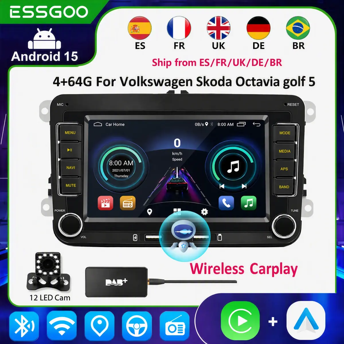 ESSGOO Android 15 4G 64G Sem Fio Carplay para Volkswagen Passat B6 B7 Golf 5 6 Polo Jetta Skoda Central Multimídia com GPS, WiFi, RDS, Entrada USB Suporte Aplicativos