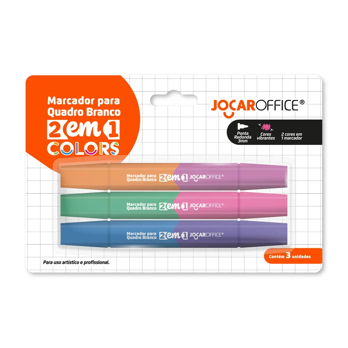 MARCADOR PARA QUADRO BRANCO 2 EM 1 CORES VIBRANTES - BLISTER C/ 3 UND JOCAR OFFICE