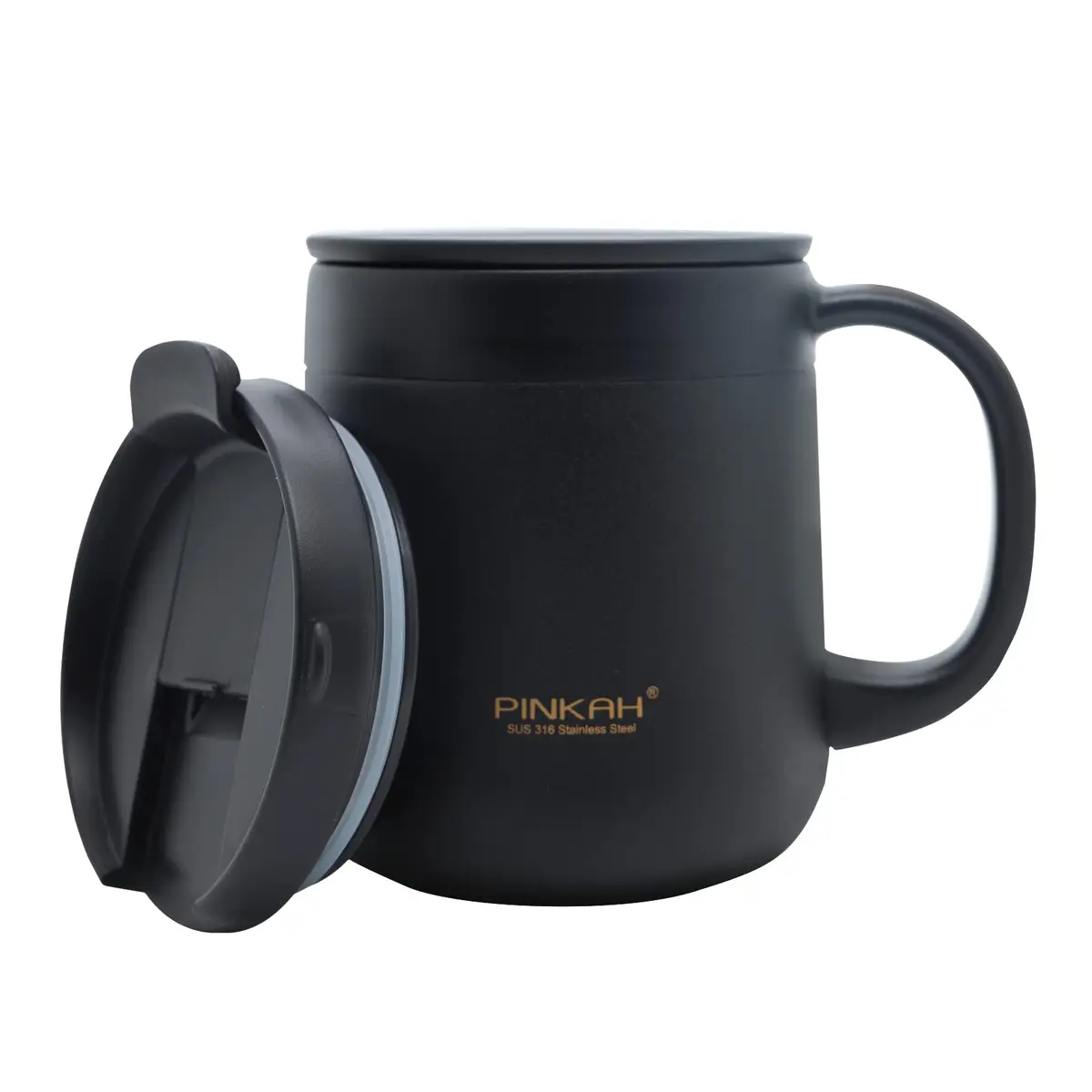 PINKAH Caneca de Café Isolada de Aço Inoxidável 325 ml com Alça, Caneca de Mesa de Acampamento com Duas Tampas Pretas para Escritório em Casa