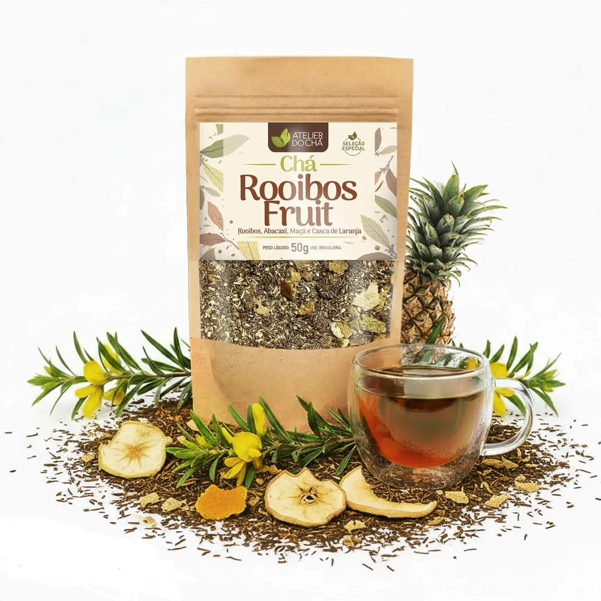 Chá Rooibos Fruit 50g – Blend Leve e Frutado de Rooibos Verde com Abacaxi, Maçã e Laranja | Infusão Suave e Aromática