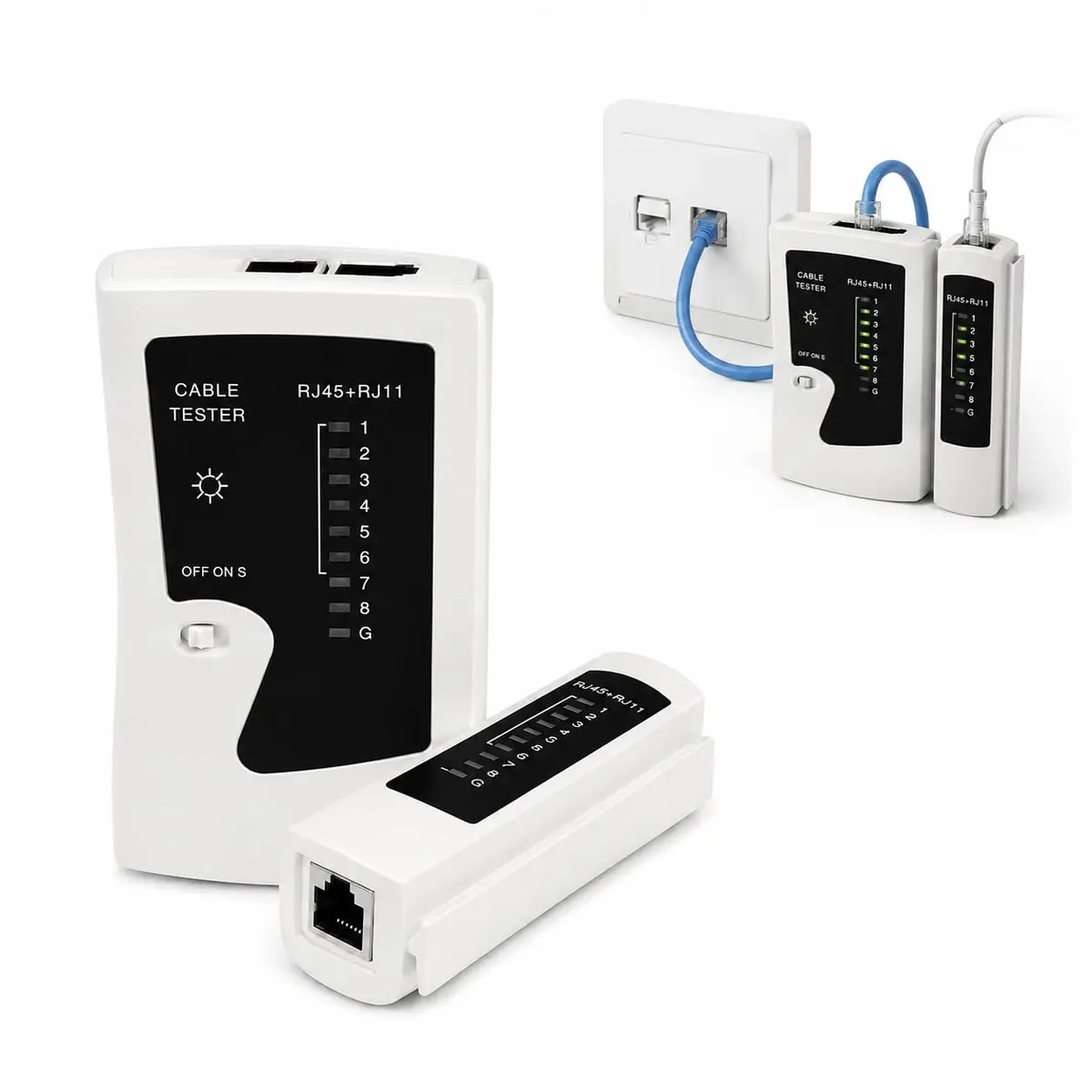 Testador de Cabos de Rede RJ45 e RJ11 | Módulo Remoto, Indicador LED, Verificador Portátil de Continuidade e Falhas, Para Cabos Ethernet e Telefone - 1
