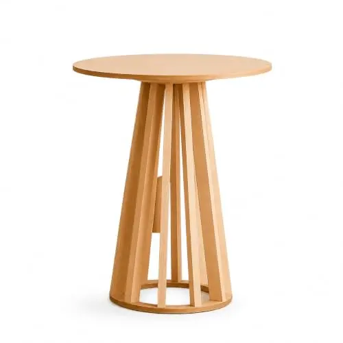 Mesa Lateral Redonda 40cm em MDF Cru com Base Ripada de Pinus | Mesa lateral redonda com tampo em MDF cru de 9 mm, base ripada de pinus e medidas aproximadas de 40 x 60 cm.