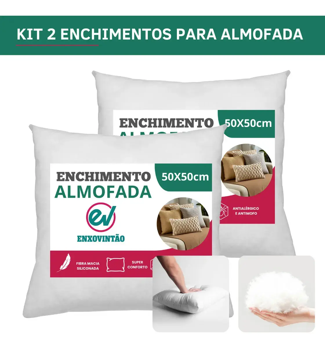 Kit 2 Refil Almofada 50x50 Enchimento Fibra Siliconada Hipoalergênico Antiácaro Extra Macio Premium thumbnail 2