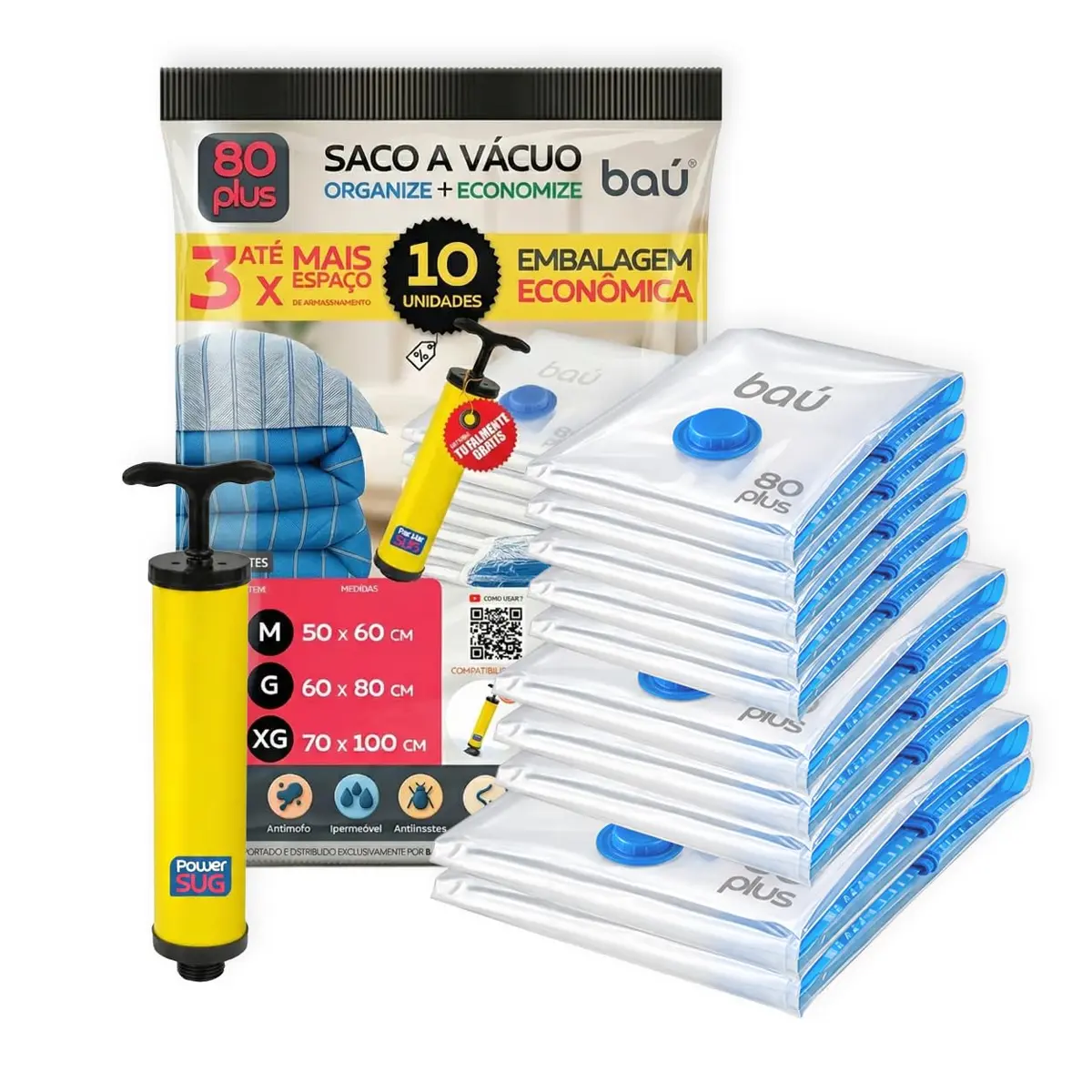 Saco a Vácuo Organizador 80 Plus 10 Unidades Kit Completo (5 M / 3 G / 2 XG) Bomba POWERSUG