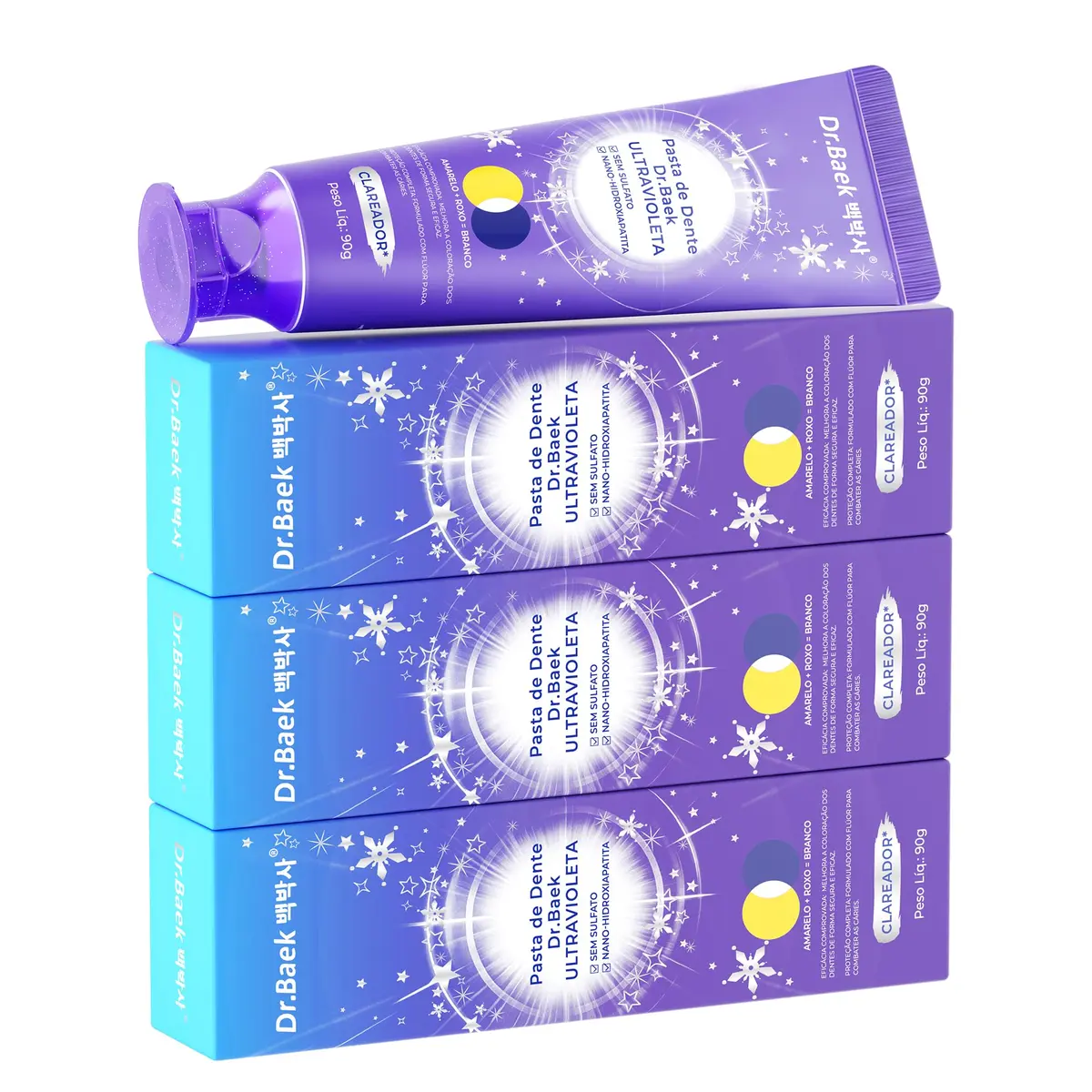 Dr.Baek Pasta de Dente Ultravioleta 90g, 3 Unidades | Clareadora, Sem Sulfato, Nano-Hidroxiapatita, Proteção com Flúor