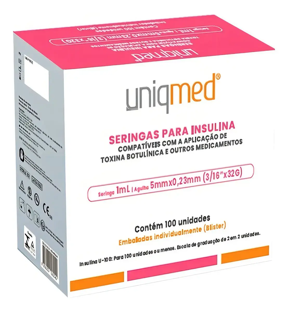Seringa de Insulina 1mL UniqMed com Agulha Fixa 5x0,23 para Botox, Kit com 100 - 1