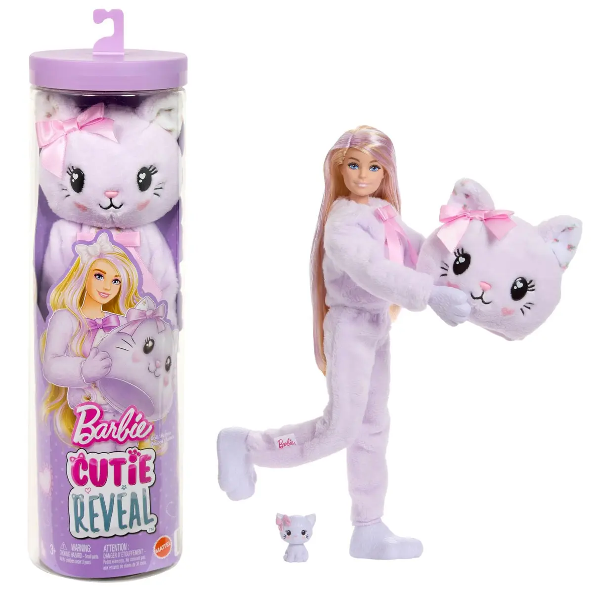 Boneca Barbie Cutie Reveal Gatinho Roxo Mattel. Surpresa com Fantasia de pelúcia e acessórios coloridos para brincar. para crianças a partir dos 3 anos.