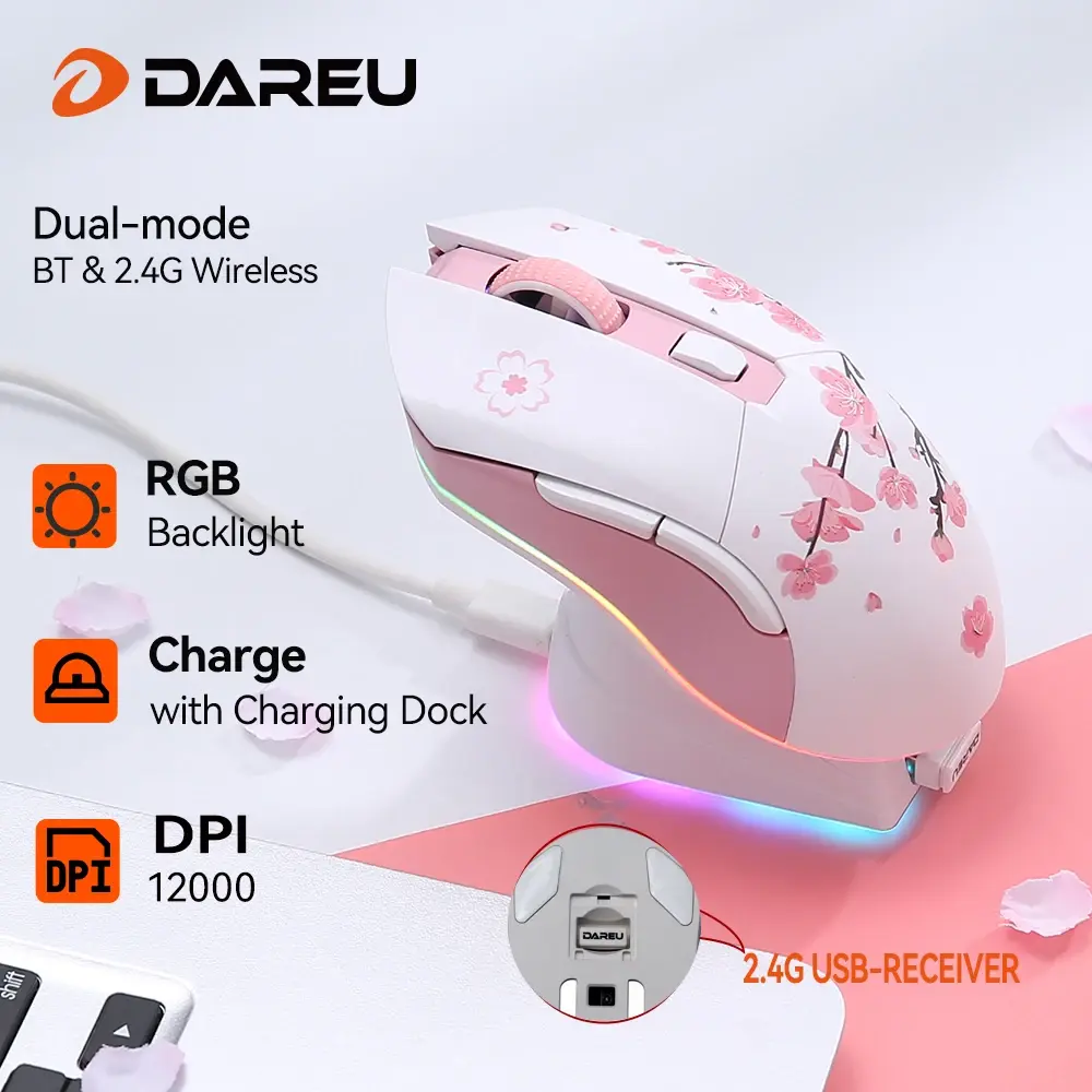 Dareu mouse gamer de modos duplos rgb 2.4g, sem fio, com fio, bateria de recarga de 930mah embutida com conjunto macro para pc e laptop - 1