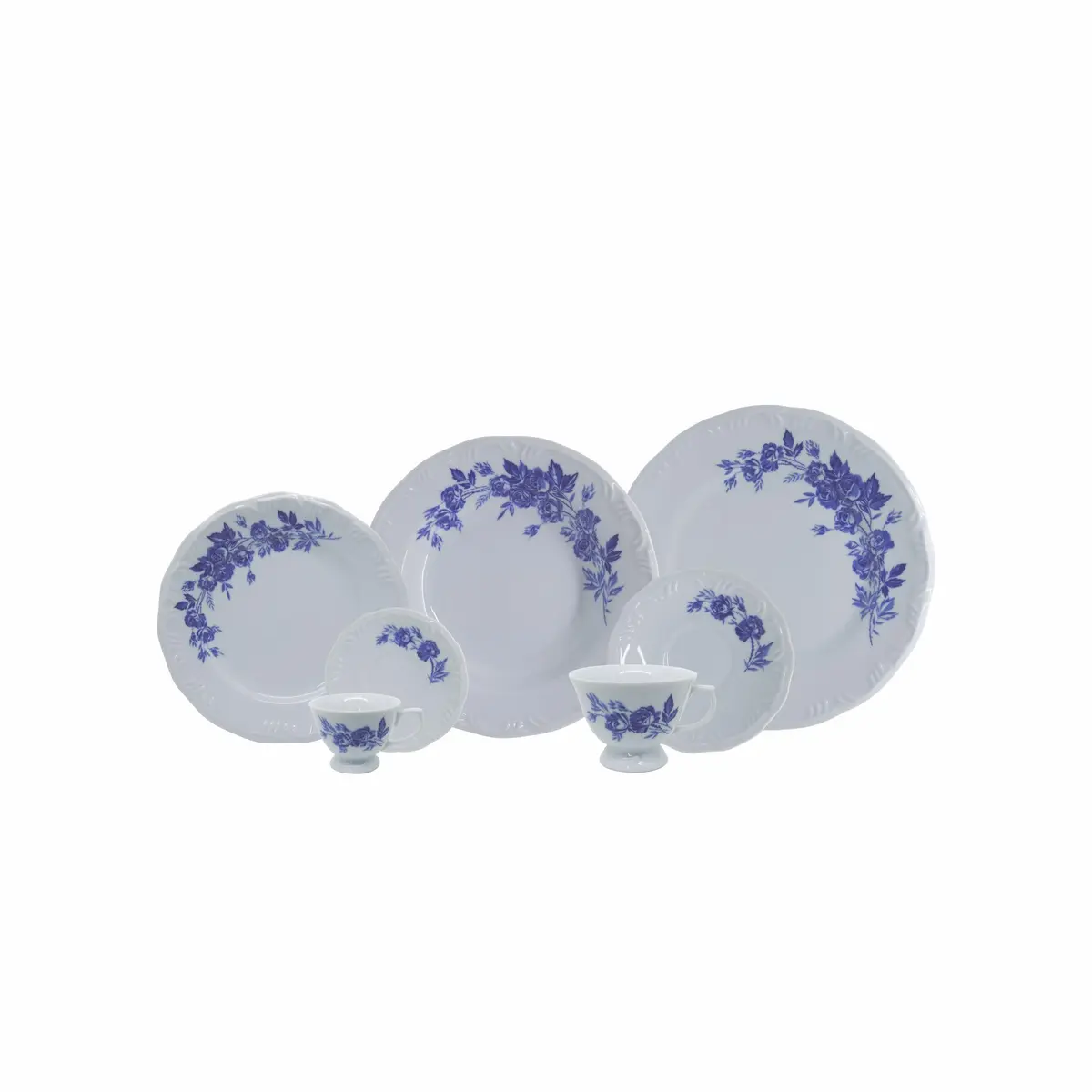 Serviço de Jantar, Chá e Café 42 Peças em Porcelana, Com Relevo Pomerode, Decoração Cora, Azul, Porcelana Schmidt