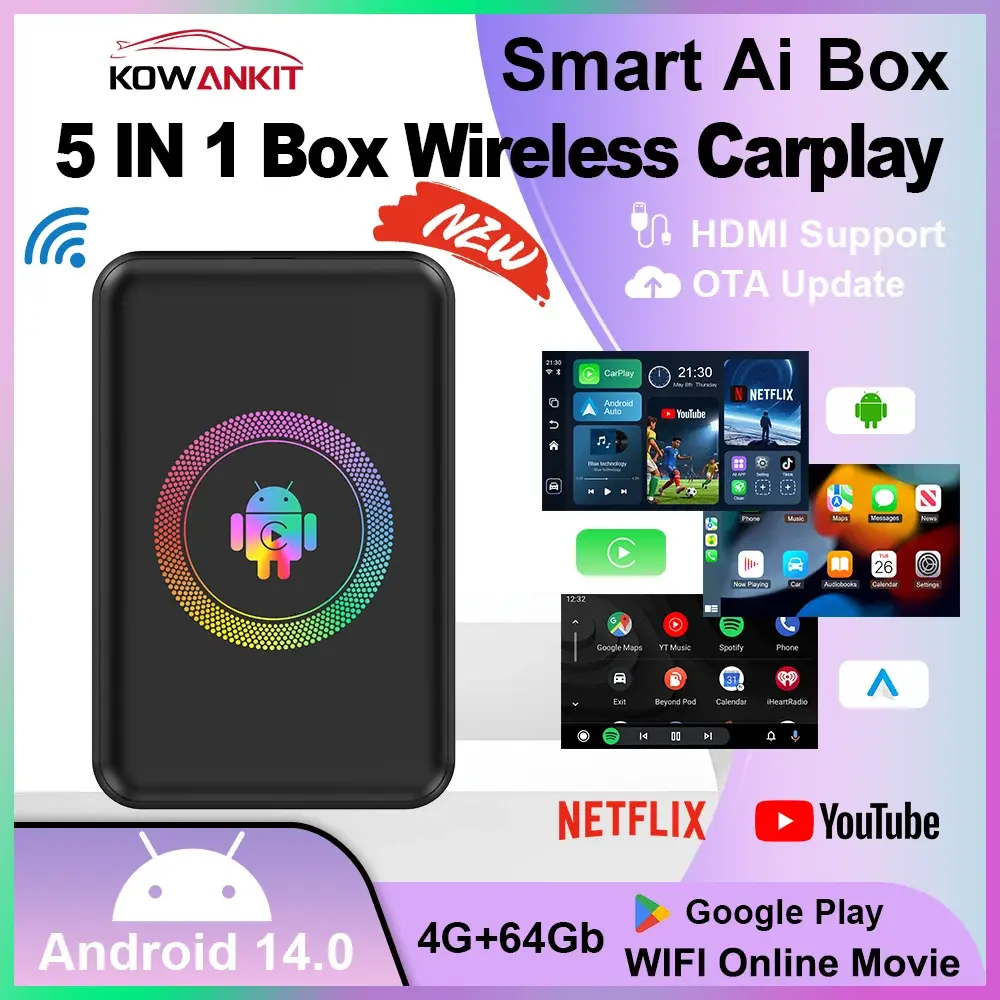 Kowankit 5 em 1 Android 14 Wireless CarPlay Ai Box Smart 4+64G HDMI Plug & Play Android Auto Car TV Box para YouTube Netflix 2026