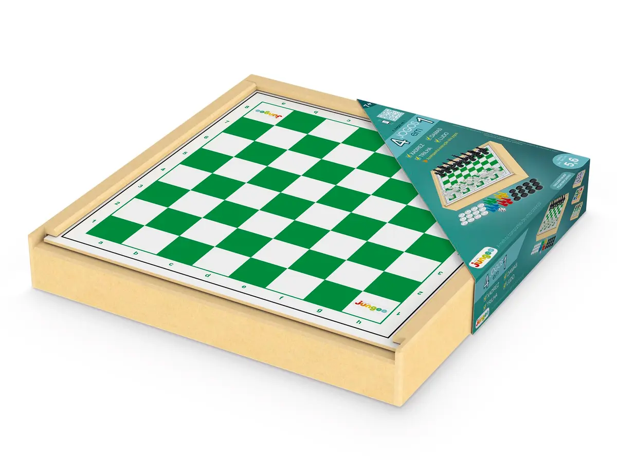 Junges - Jogo Xadrez, Ludo, Damas e Trilha (4 em 1) - Em madeira (MDF)