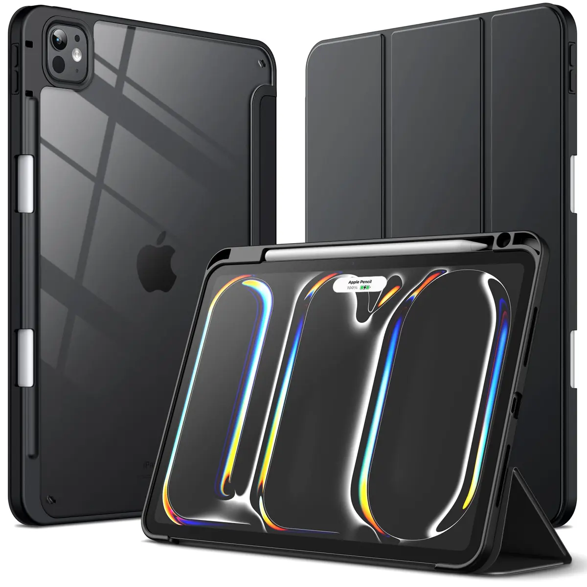 JETech Capa Protetora para iPad Pro 11" M5/M4 (2025/2024), Preto | Traseira Transparente, Porta-Pencil, Proteção Fina À Prova de Choque, Suporte de Três Dobras, Ativação/Repouso Automático