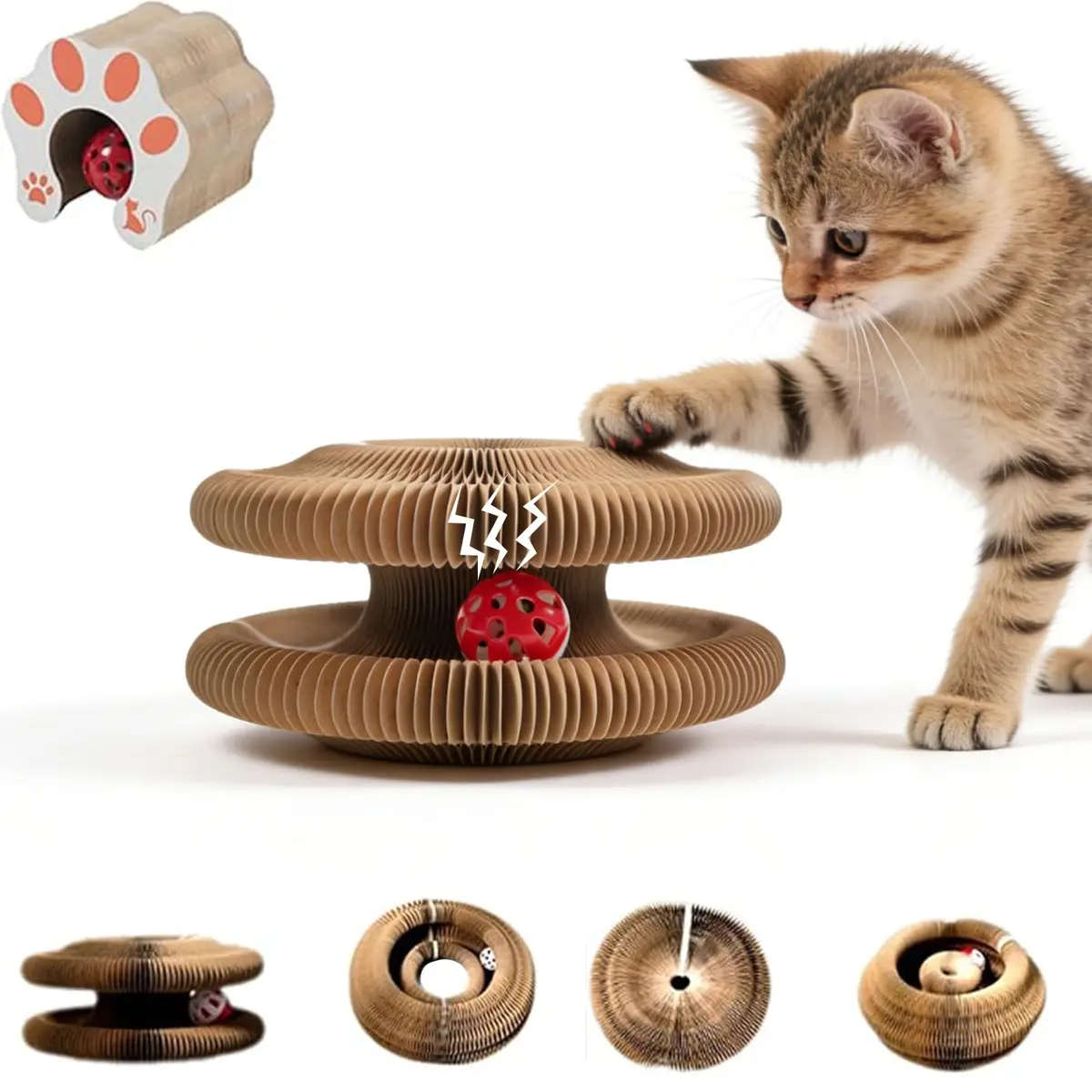 Poste para Arranhar Gatos Acordeão Interativo, Pista de Bola com Sino, Brinquedo em Papel Ondulado para Exercício e Entretenimento