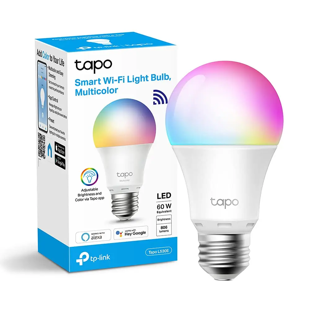 Tapo L530E, Lâmpada LED multicolorida inteligente smart WiFi, 806 lúmens, 8,3 W, sem necessidade de hub, controle remoto/aplicativo, 16 milhões de cores, cor RGB, Alexa e Google Home.
