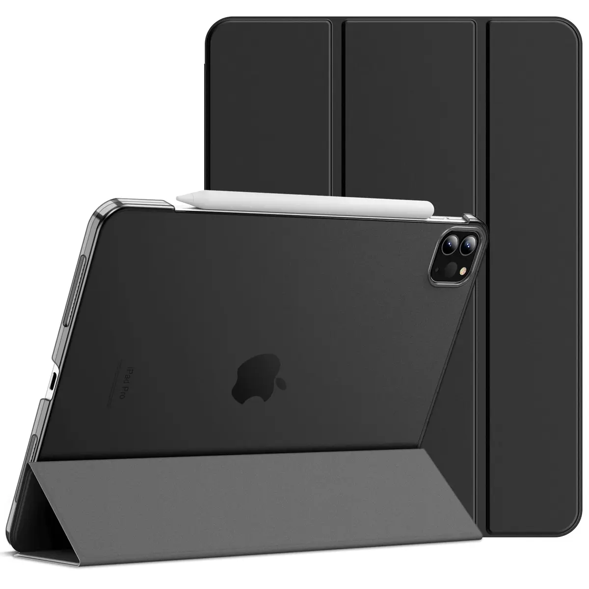 JETech Capa Protetora para iPad Pro 11" 4/3/2/1, Preto | Para 2022/2021/2020/2018 Modelo, Traseira Translúcida Fina, Suporte de Três Dobras, Ativação/Repouso Automático