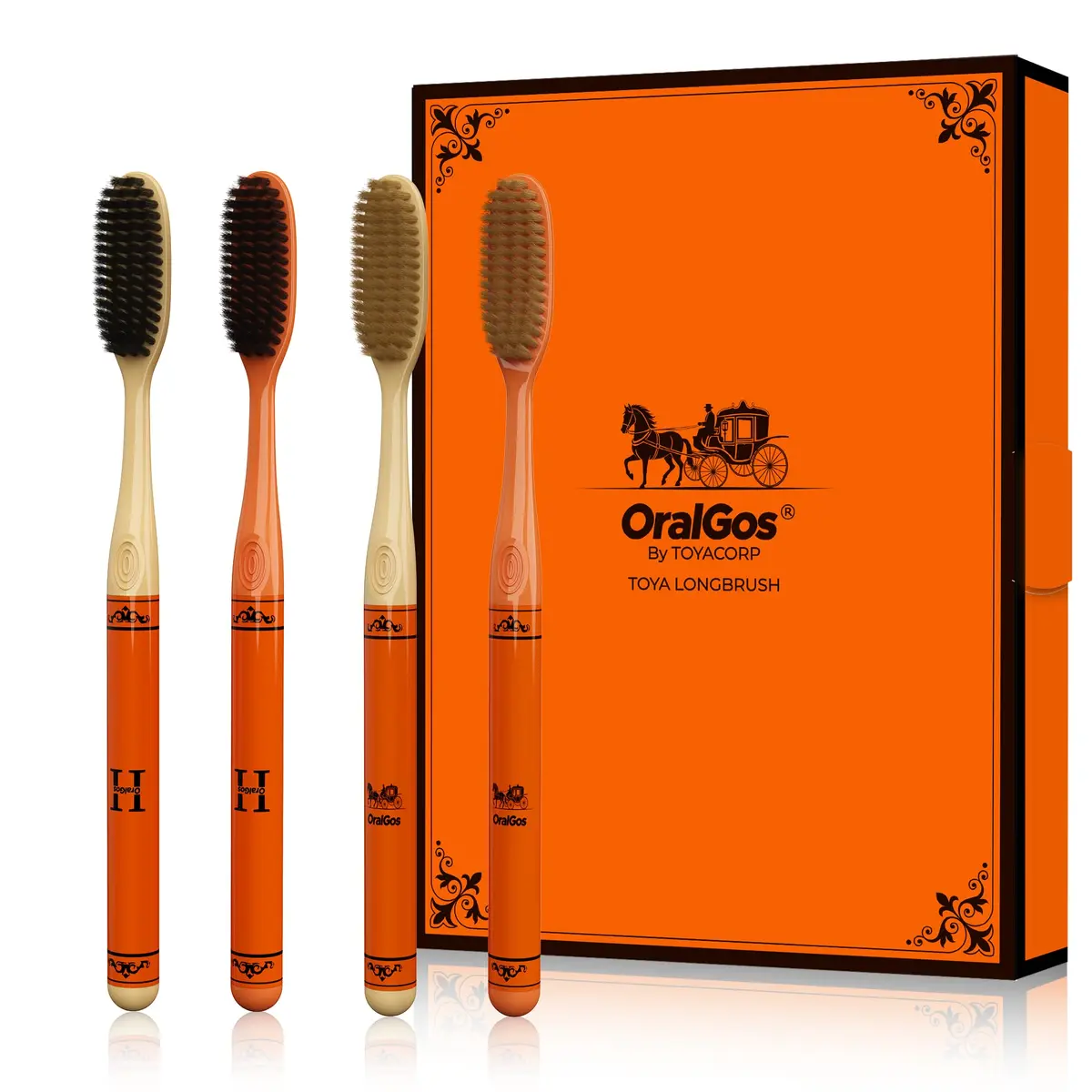 OralGos Escova de Dentes Adulto Cabeça Longa Kit com 4 Unidades, Cerdas Macias para Limpeza Profunda, Proteção da Gengiva, Cabo Ergonômico Antiderrapante, Embalagem Presenteável Laranja Premium