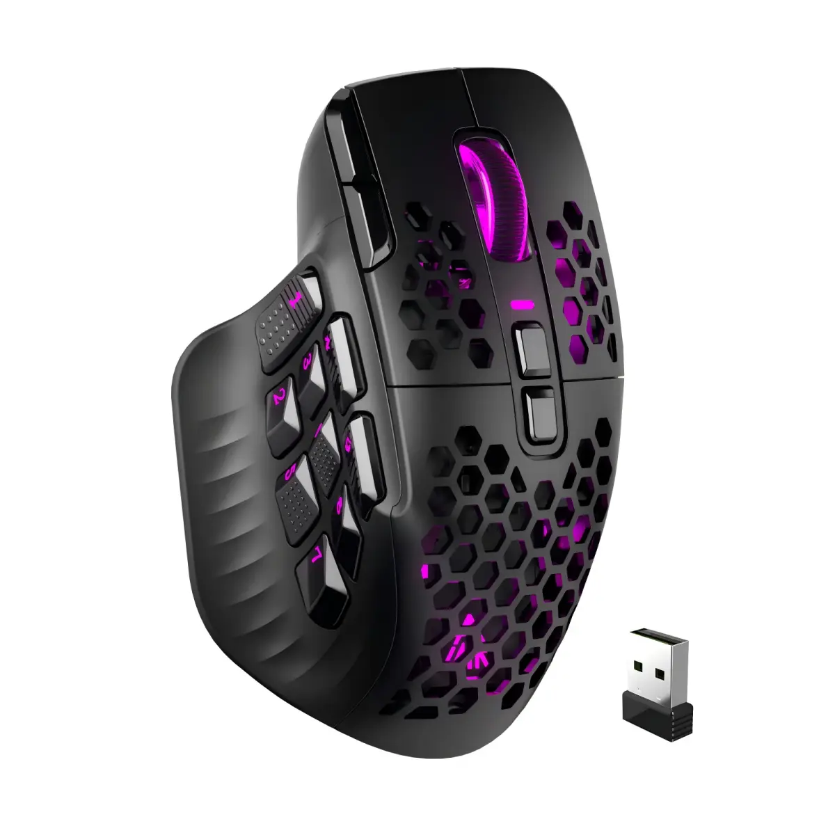 Mouse Gamer Sem Fio SOLAKAKA SM809 Pro PAW3311 com 16 Botões Laterais, 24000 DPI, RGB, Honeycomb, Macro Programável