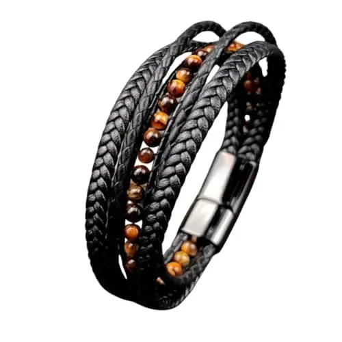 Pulseira Masculina "Powerful" Couro PU com Cristais Olho de Tigre e Lápis-Lazúli 20,5cm – Estilo, Proteção & Equilíbrio