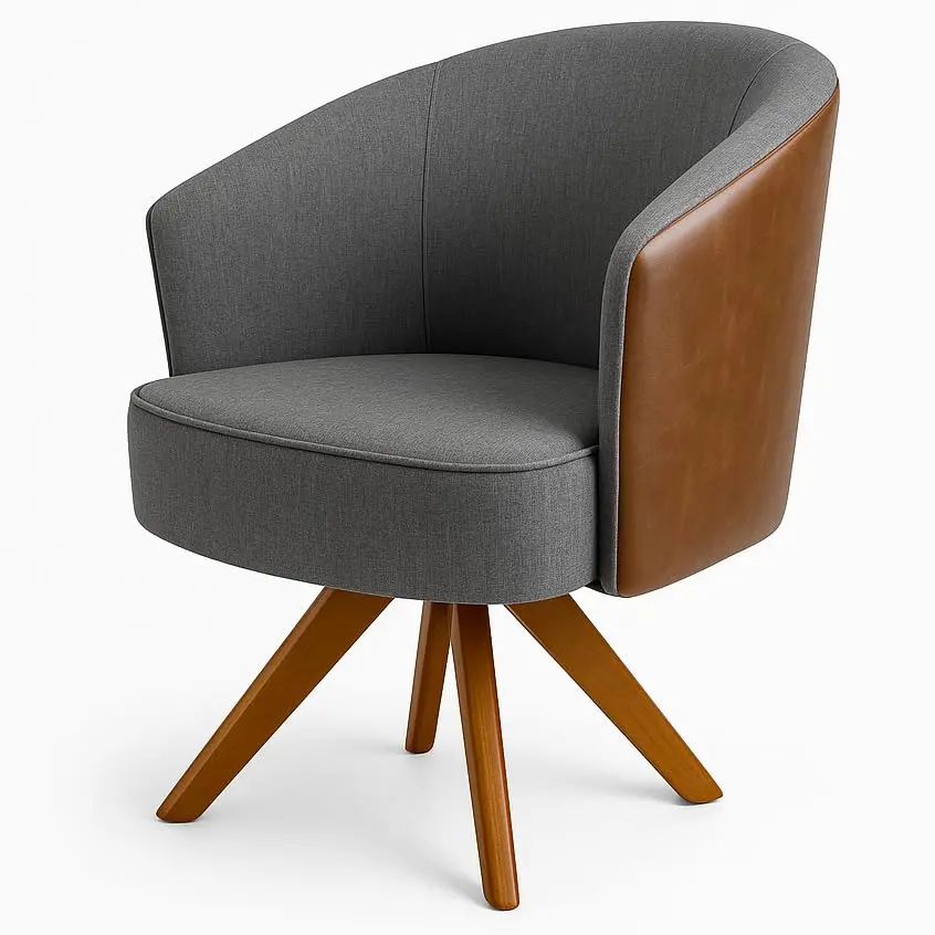 Poltrona Giratória Estofada para Sala Quarto e Escritório(Linho CinzaMarrom | Base giratória em madeira, assento D28 e encosto D26 com pluma siliconada para sala, quarto, escritório ou recepção - 1