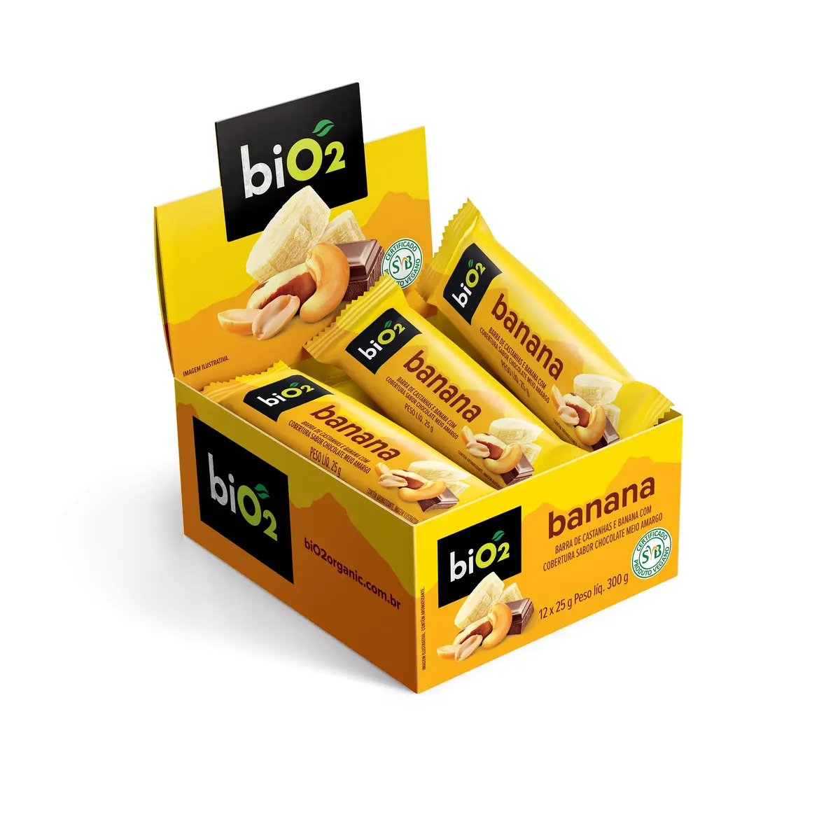 Barra de Castanhas e Frutas biO2 Nuts Banana com Chocolate, Caixa com 12 unidades de 25 g, Vegana e sem Glúten