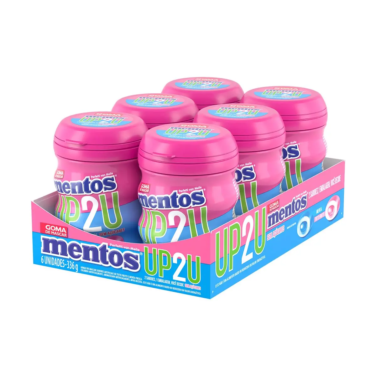 Goma de Mascar Mentos Pure Fresh UP2U, 56g, Pack com 6 Unidades | Sem Açúcar, Sabor Menta e Tutti-Frutti, Display com 336g