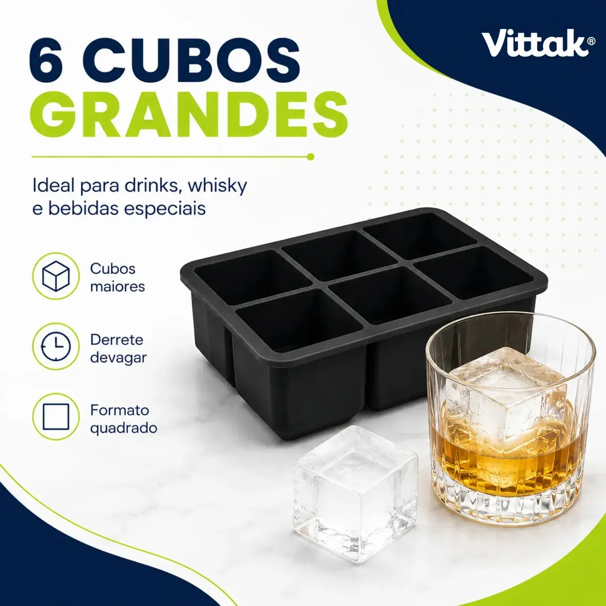 Vittak Forma De Gelo Em Silicone Com Cubo Grande 6 Cubos Drink Top Whisky