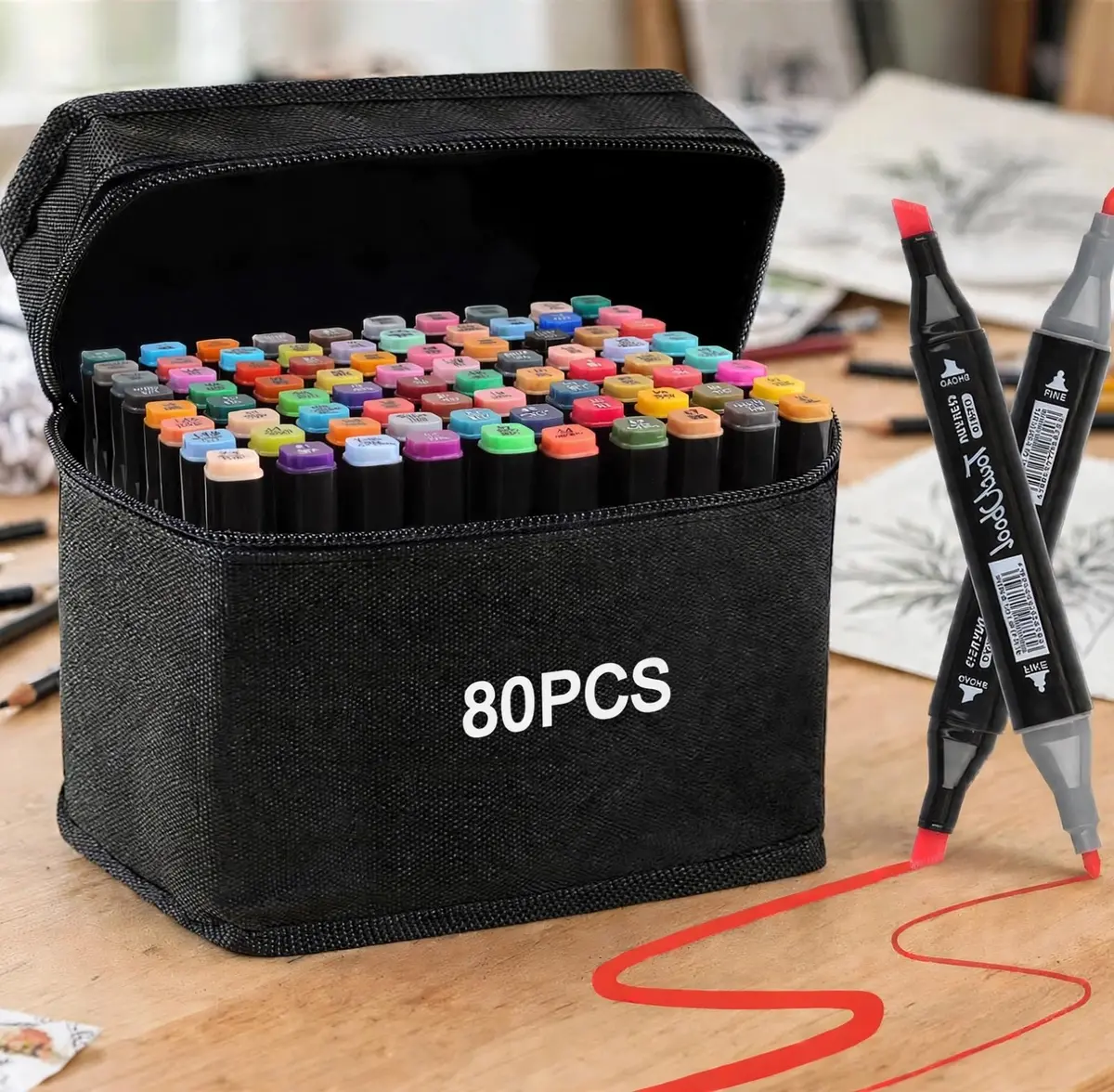 Kit de 80 Canetas Marcador Permanente Ponta Dupla Coloridas para Desenho Profissional Escolar Infantil com Estojo Organizador Base Artista Canetinhas Hidrográficas Alcool Caneta para Colorir