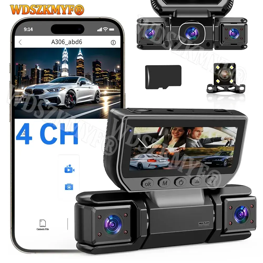 4 câmera 360 graus carro dvr 1080p gravador de vídeo wifi traço cam frente direita esquerda câmera visão traseira 24h monitor estacionamento presente - 1