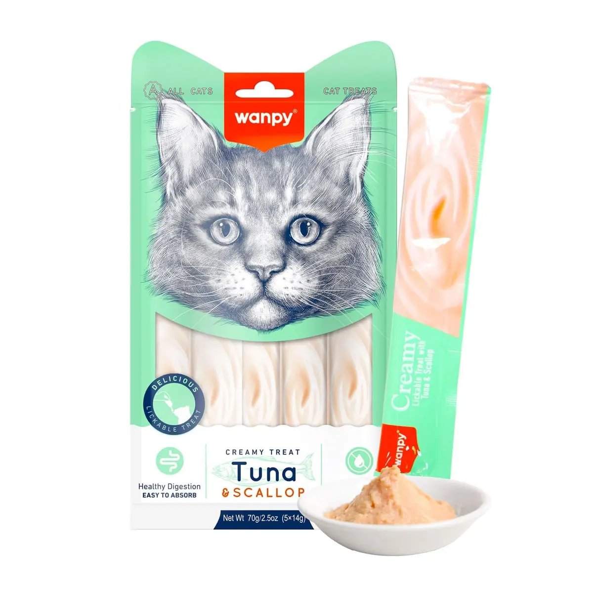 Petisco Wanpy Truly Creamy para Gatos – 5 tubos de 14g (5 Unidades, Atum e Vieira)