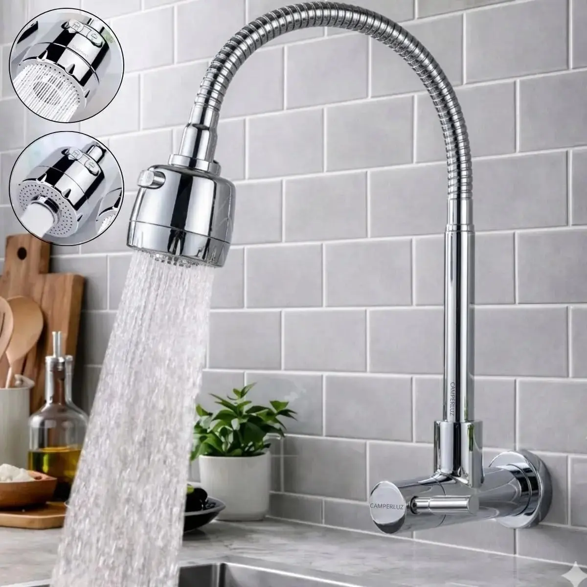 Torneira Gourmet Cozinha Flexível para Pia de Parede com Bica Móvel 360°, 2 Jatos Spray e Fluxo, Misturador Monocomando 1/4 de Volta, Torneira Inox Moderna Premium para Cozinha e Área Gourmet Prata