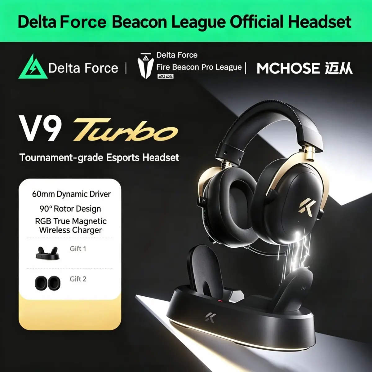 MCHOSE V9 Turbo+ Headset Gamer Sem Fio 60mm Som Surround 7.1 2000mAh RGB Base de Carregamento Magnética Baixa Latência para PC de E-sports
