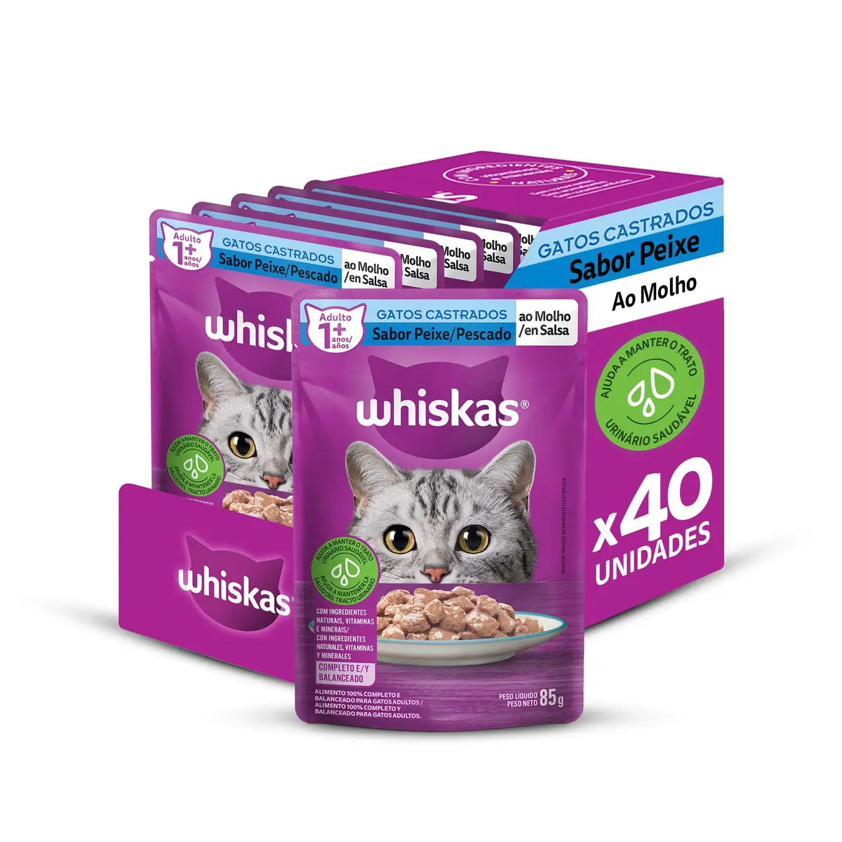 Packs de Ração Úmida Whiskas Sachê para Gatos Adultos Castrados, Peixe ao Molho, 40 Sachês de 85 g