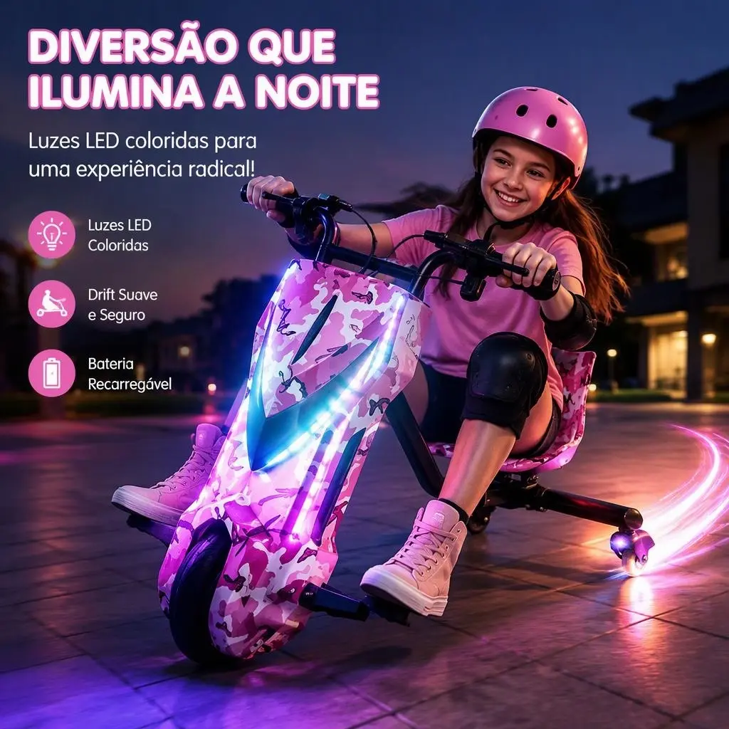 Triciclo Patinete Elétrico Drift 350W 36V Kart Drift Ajustável Capacidade 100kg Brinquedo Lazer Infantil