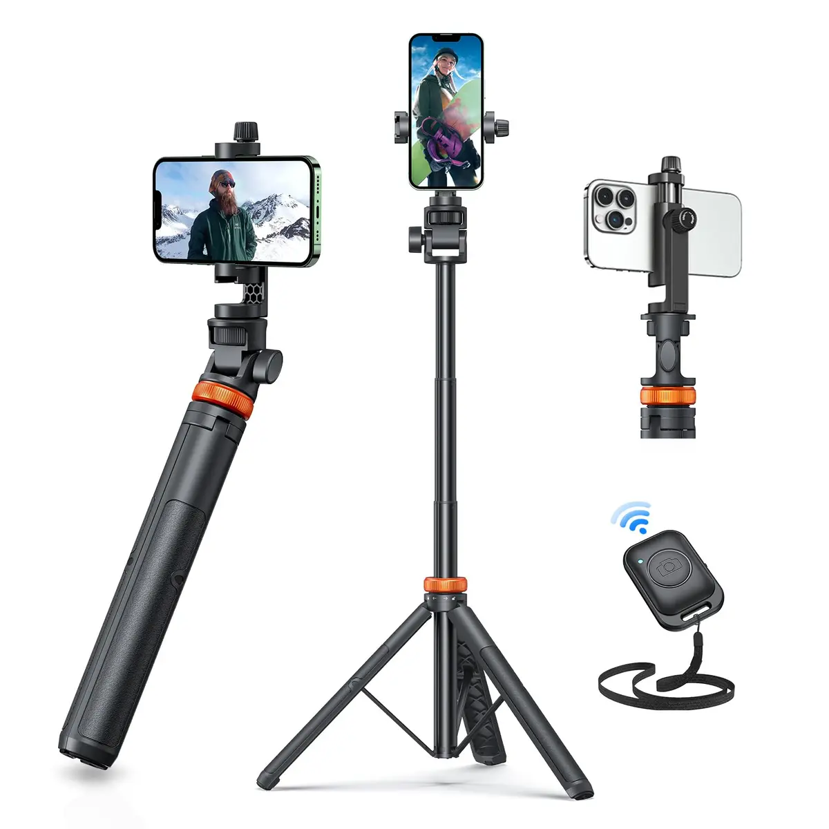 EUCOS tripé 62" para Celular, Suporte para iPhone e Bastão de Selfie com Controle Remoto, Extensível Suporte para Celular de Viagem, o Tripé Mais Robusto para Celular Compatível com iPhone/Android - 1