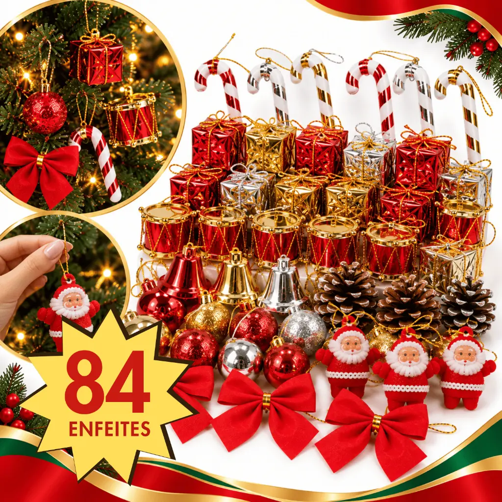 Kit 42/84 Enfeites Decoração Natalina Para Árvore de Natal Guirlanda Pendente Bolinhas Laço Papai Noel - 1