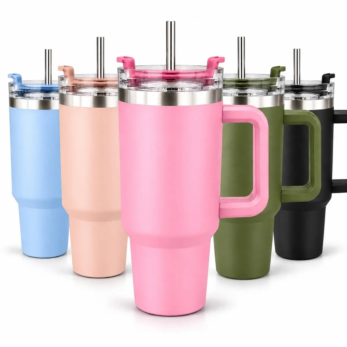 Copo Térmico com Alça e Canudo de Aço Inoxidável 1200ml Garrafa de Agua, Cafe, Cerveja, Refrigerantes, Sucos, mantem a bebidas frias ou quentes (Rosa Claro) - 1