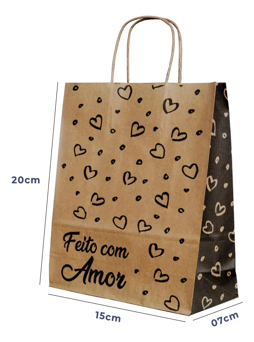 Sacola De Papel Pp 15x20x7cm 50und Feito Com Amor Kraft Monolúcido Com Alça Torcida Embalagem Acesso