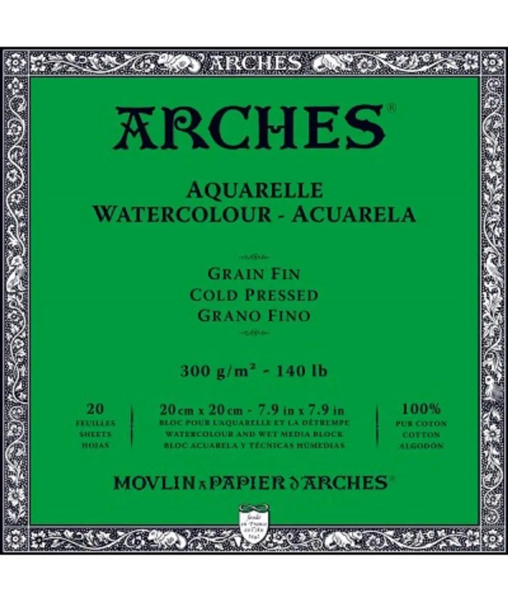 ARCHES Bloco Para Tinta Aquarela 300g/m², 100% Algodão, 4 Lados Colados, 20x20cm, 20 Folhas