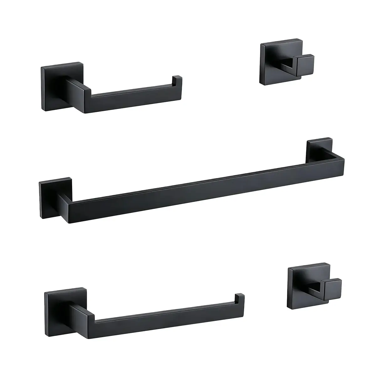 Kit 5 Peças para Banheiro em Aço Inox SUS304, Preto, Design Quadrado | Barra Para Toalha, Suporte Para Papel Higiênico E Ganchos Para Organização Diária