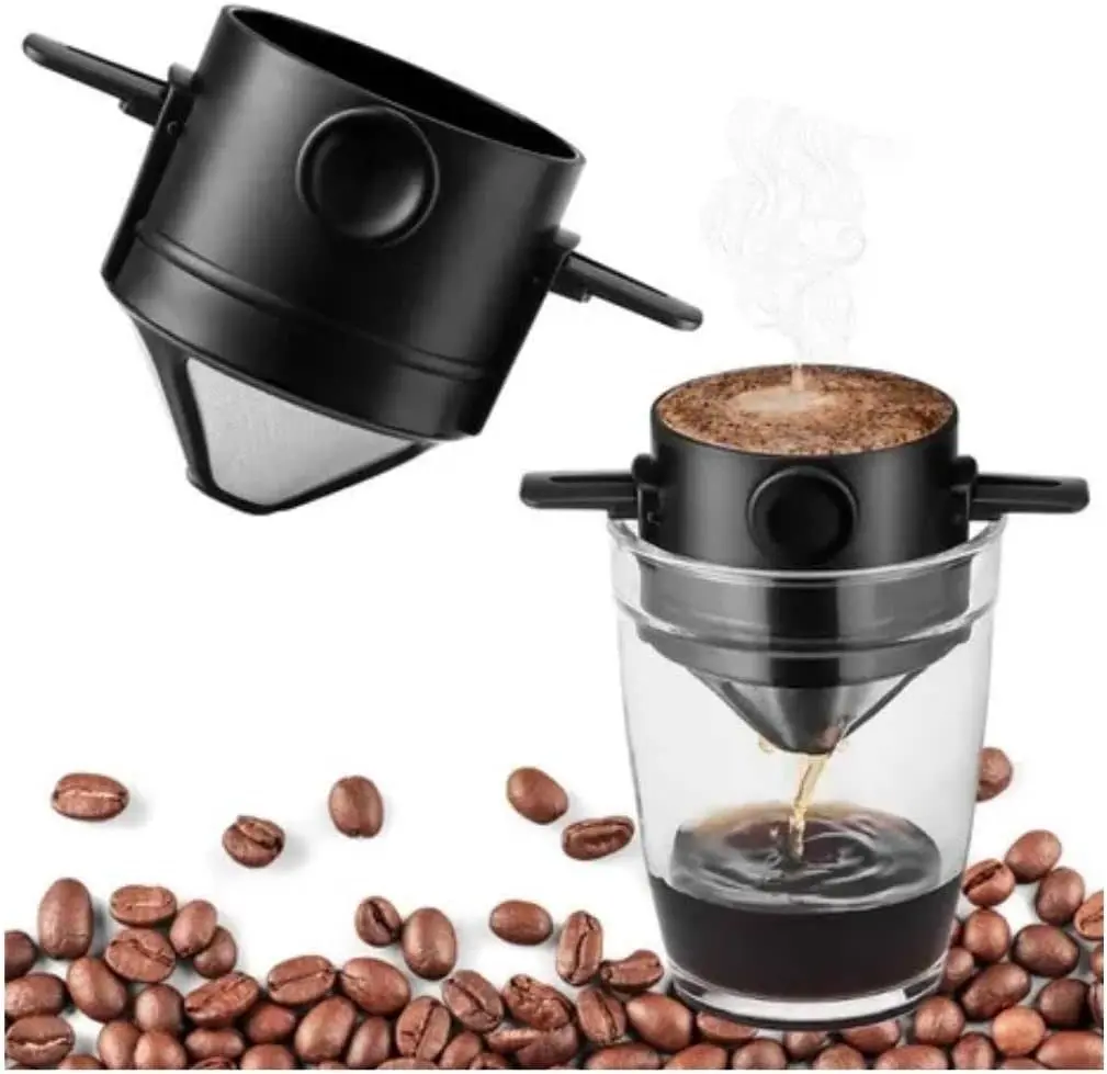 Mini Coador de Café Reutilizável em Aço Inoxidável com Suporte Dobrável, Filtro Portátil Individual para Café Passado sem Papel, Compacto para Casa, Trabalho, Viagem e Camping - 1