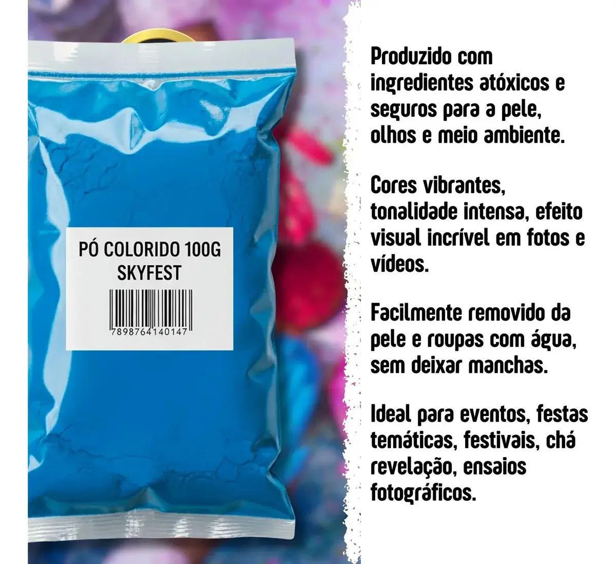 Kit 5 Pó Colorido 100g Tinta Em Pó Festa Holi Skyfest Cor Azul