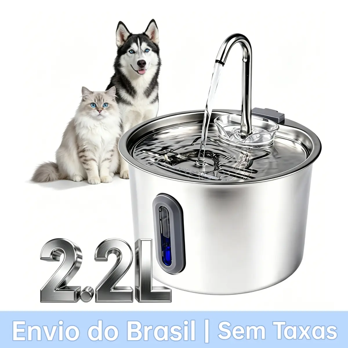 Bebedouro automático para animais de estimação em aço inoxidável, com capacidade de 2,2 litros, dispensador de água para gatos e cães, extremamente silencioso, com tigela para beber e visor.
