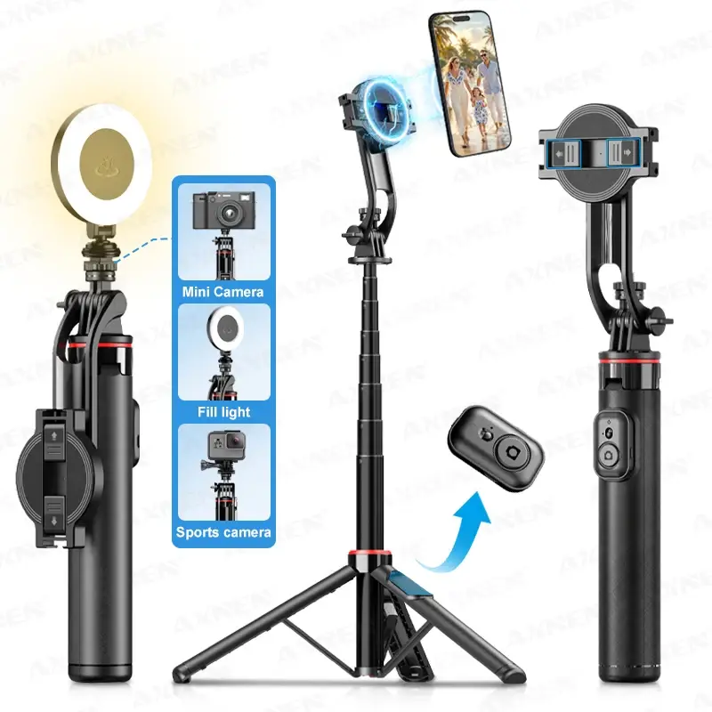 Bastão de Selfie Magnético AXNEN C20 Extensível com Tripé para Celular, Controle Remoto e Rosca de 1/4” para Câmera de Ação e Ring Light - 1