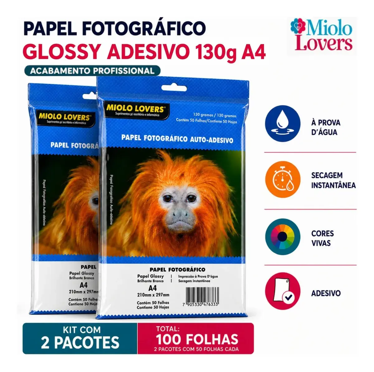 Papel Fotográfico Adesivo 130g A4 Glossy Kit 100 Folhas Masterprint Cor Branco By MIOLO LOVERS