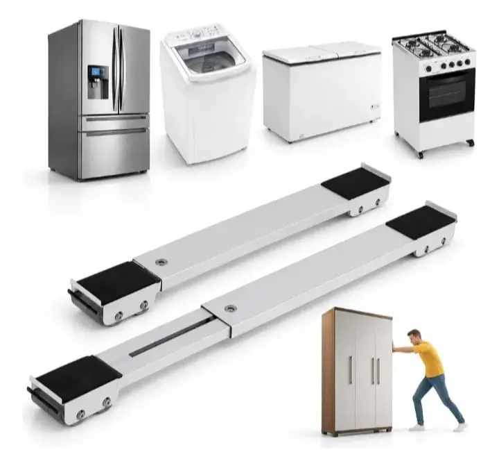 Suporte com Rodinhas Ajustável para Geladeira, Máquina de Lavar e Fogão – Base Reforçada Antiderrapante até 220kg, Estrutura em Aço, Portátil, Silencioso, Deslizante e Durável (Branco)