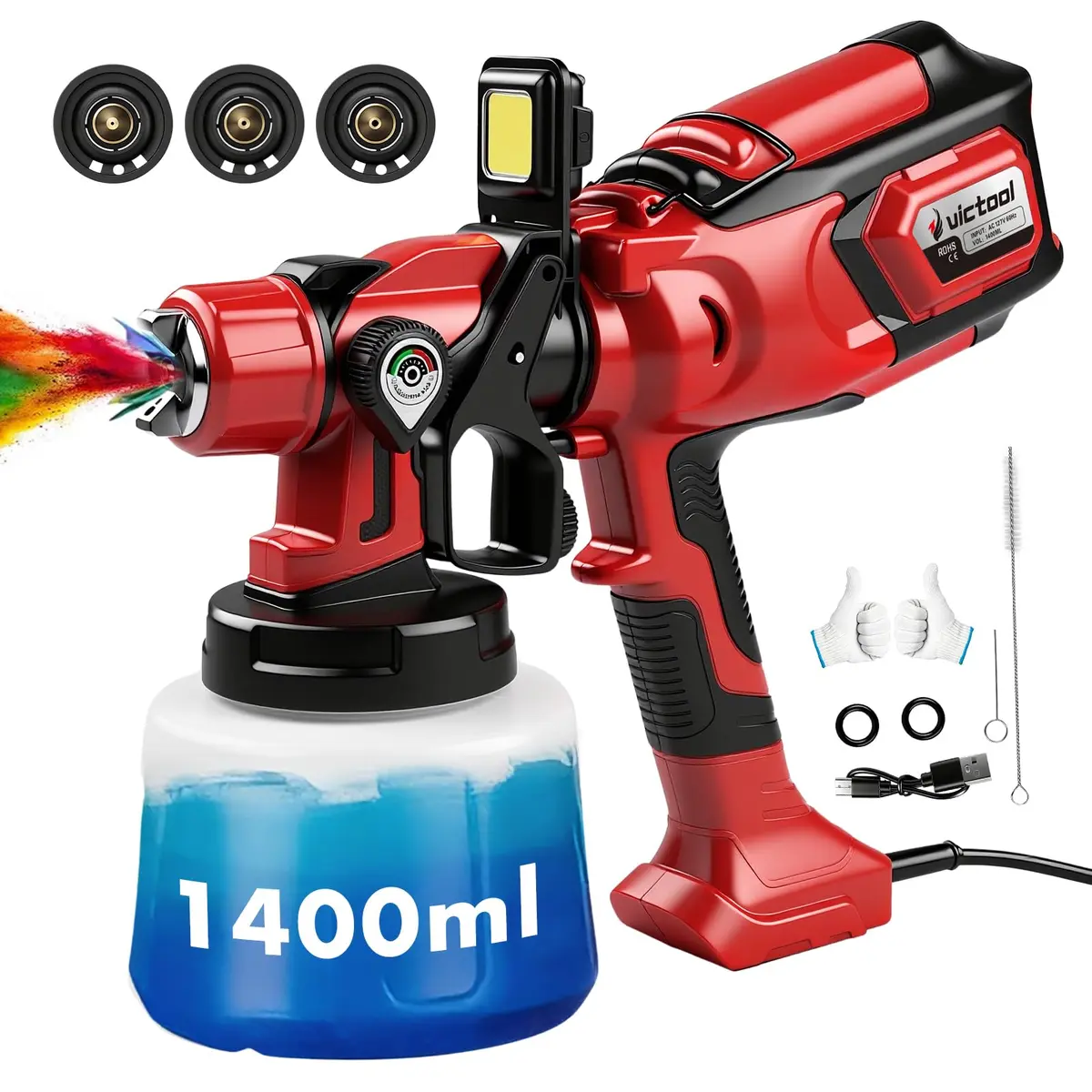 Victool Pistola de Pintura Elétrica 650W 1400ml com Bico 1.0/1.8/2.5mm 127V 60Hz, Pulverização Ajustável, LED Integrado, Sistema de Limpeza e Uso para Tintas à Base de Água e Solvente - 1
