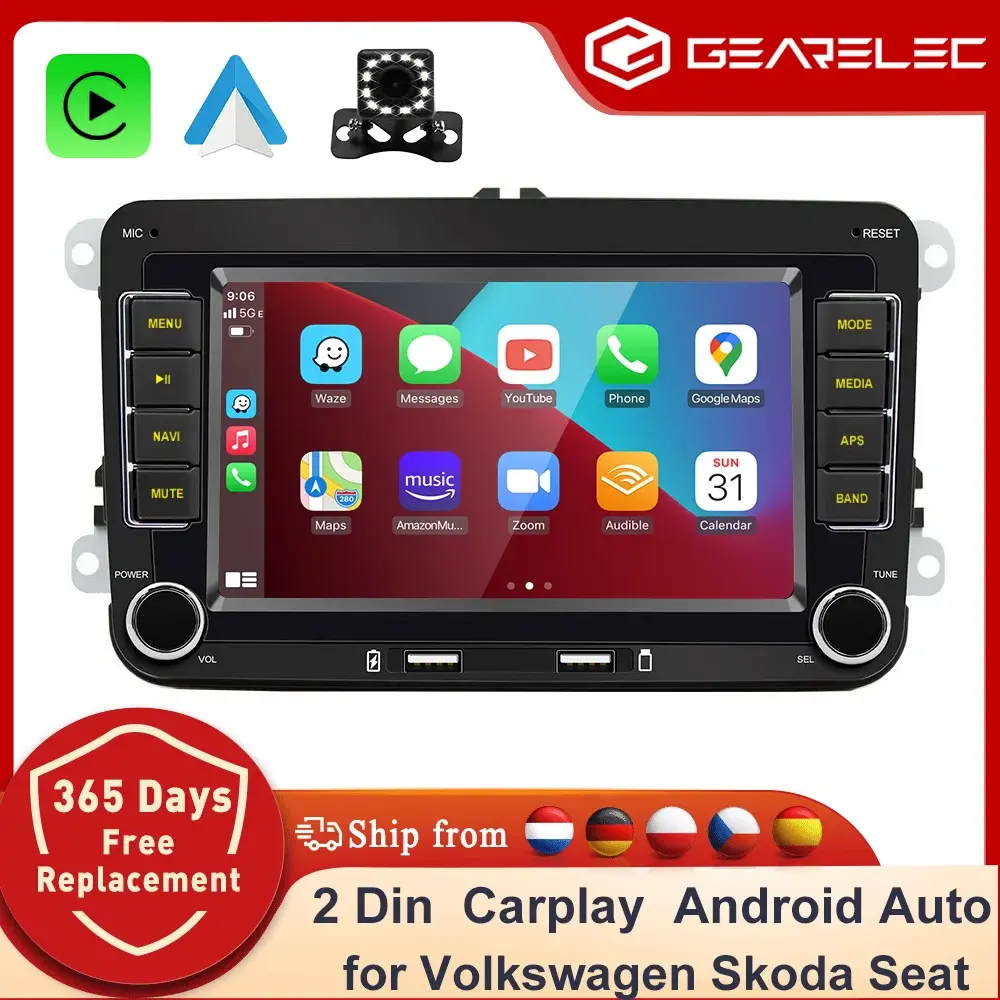 Rádio de Carro Android 14 GEARELEC 2 Din GPS WiFi Carplay Player Multimídia para Volkswagen Skoda Octavia Golf 5 6 Touran Passat Polo Jetta